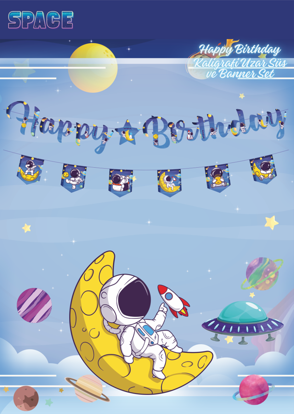 Uzay Happy Birthday Kaligrafi ve Banner Set - Image 1
