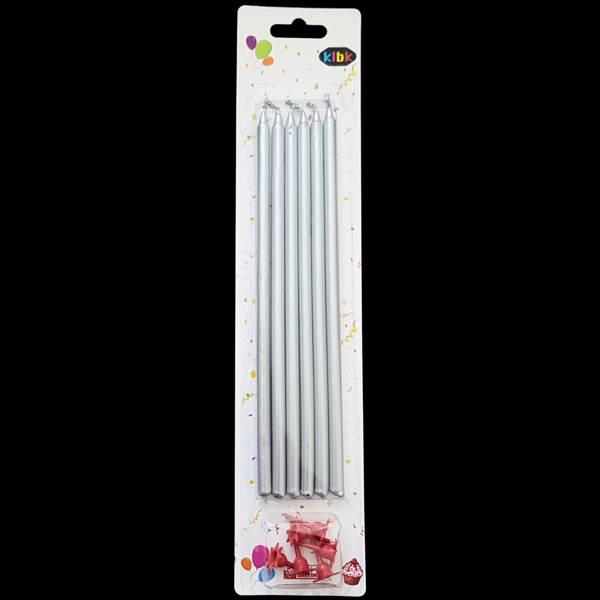 Gümüş Metalik İnce Uzun Pasta Mum 20 cm * 6 Adet - Image 1