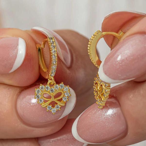 Gümüş Gold Kalp Kurdele Sallantılı Kadın Küpe - Image 1