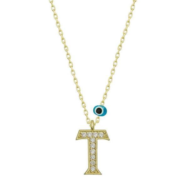 925 Ayar Gümüş Nazar Gold T Harfi Kadın Gümüş Kolye - Image 1