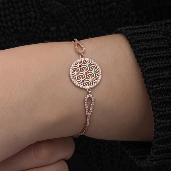 ​Gümüş Rose Renkli Yaşam Çiçeği Kadın Bileklik - Image 1