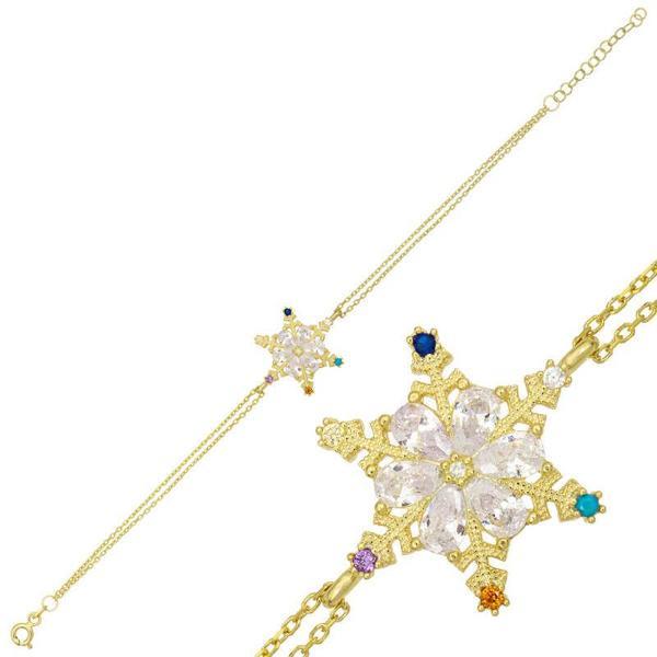 925 Ayar Gümüş Gold Renkli Taşlı Kar Tanesi Kadın Bileklik - Image 1