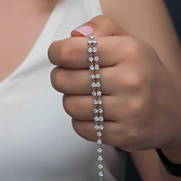 925 Ayar Gümüş Zirkon Taşlı Çift Sıra Kadın Bileklik - Image 1