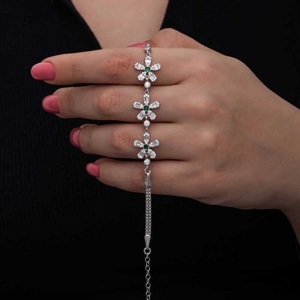 925 Ayar Gümüş Baget Çiçek Desenli Kadın Bileklik - Image 1