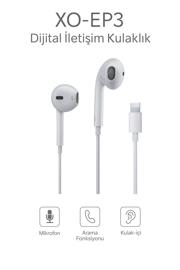 iPhone İçin Lightning Girişli Kablolu Kulaklık – Tak-Çalıştır & Mikrofonlu EP3 - Image 1