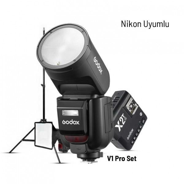 Godox V1 Pro Nikon Flaş Full Set (Flaş, X2 Tetikleyici, 15x20 Softbox, Tripod) - Image 1