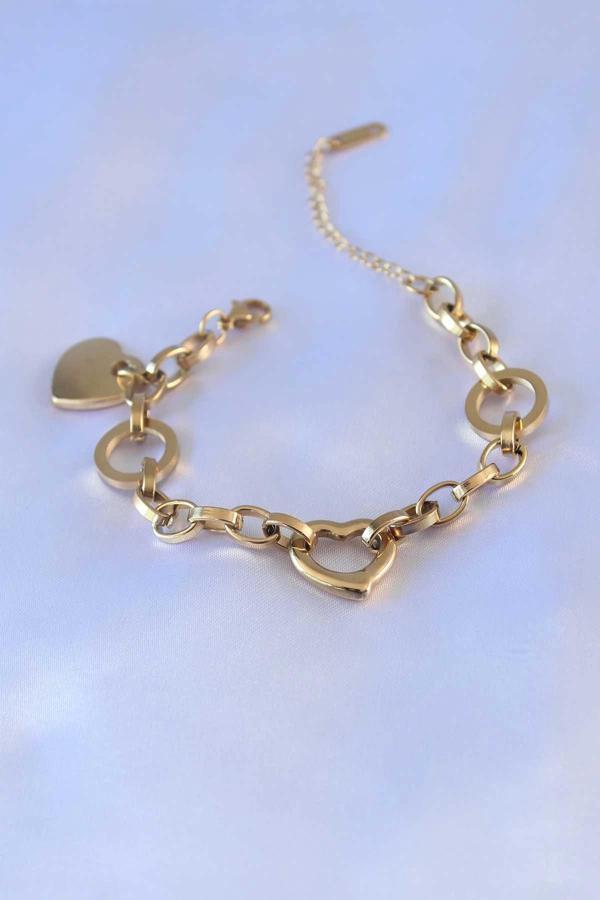 316L Çelik Gold Renk Kalp Figür Zincir Model Kadın Bileklik - Image 1