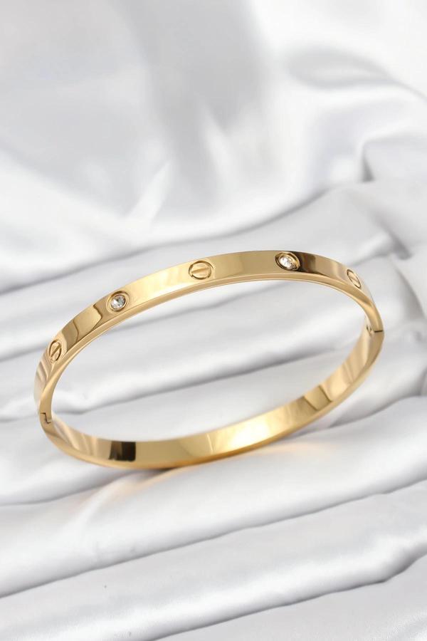 316L Çelik Gold Renk Zirkon Taşlı 65 mm Kadın Kelepçe Bileklik - Image 1