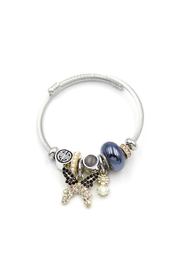 Çelik Charmlı Kelebek Bileklik - Siyah - Image 1