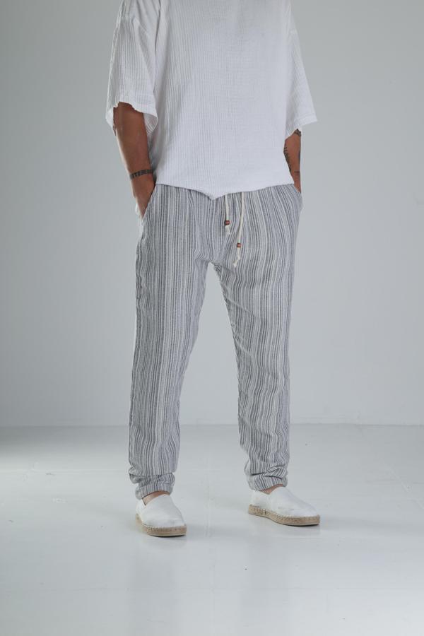 Gri Çizgili Müslin Keten Baggy Pantolon - Image 1