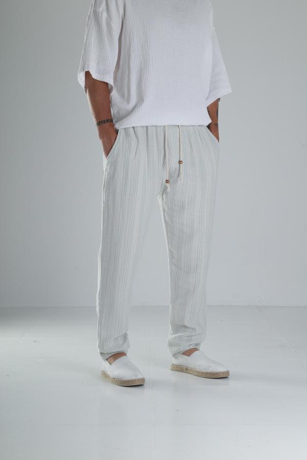 Yeşil Çizgili Müslin Keten Baggy Pantolon - Image 1