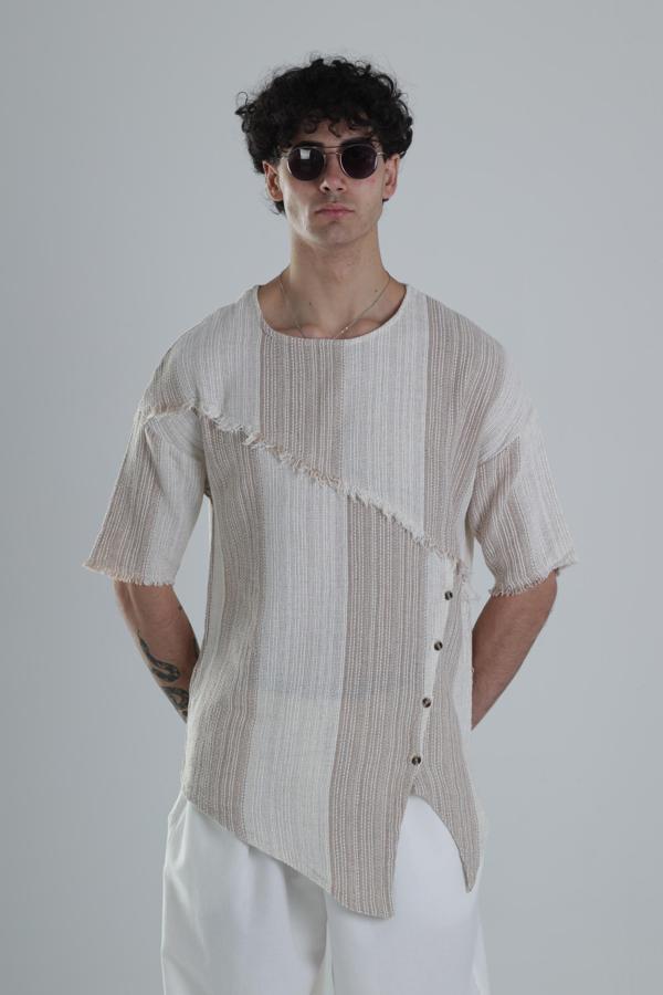 Asimetrik Tasarım Bej T-Shirt - Image 1