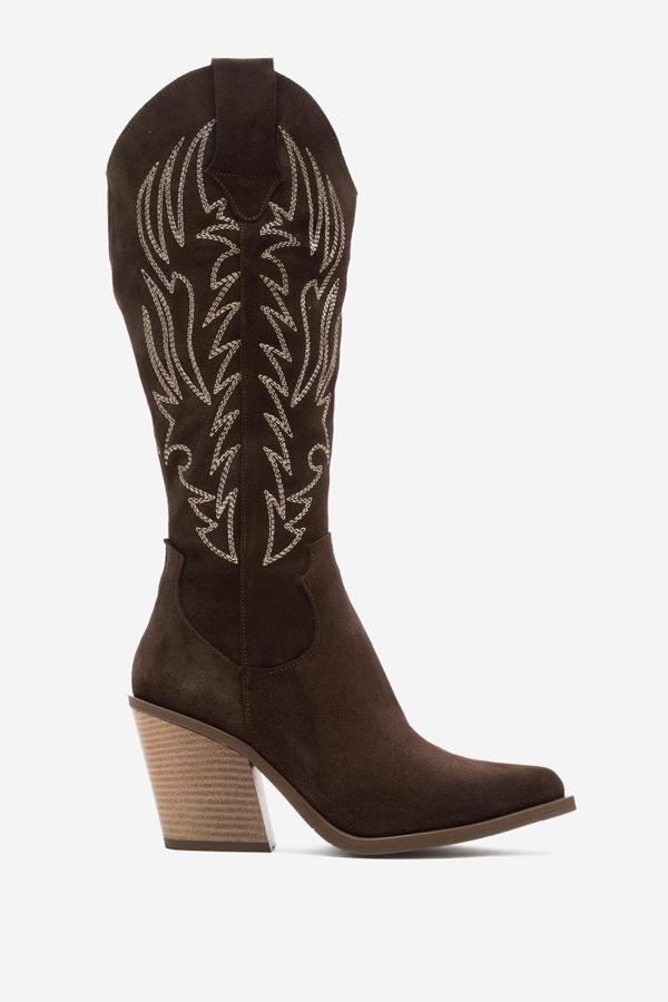 DERİCLUB Kadın Yüksek Topuk Western Çizme Gerçek Süet Deri ZY 1614 SÜET KAHVE - Image 1