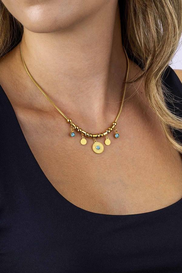 Gümüş Pazarım Firuze Taşlı Silindir Zincir Altın Kaplama Kadın Çelik Kolye - Image 1