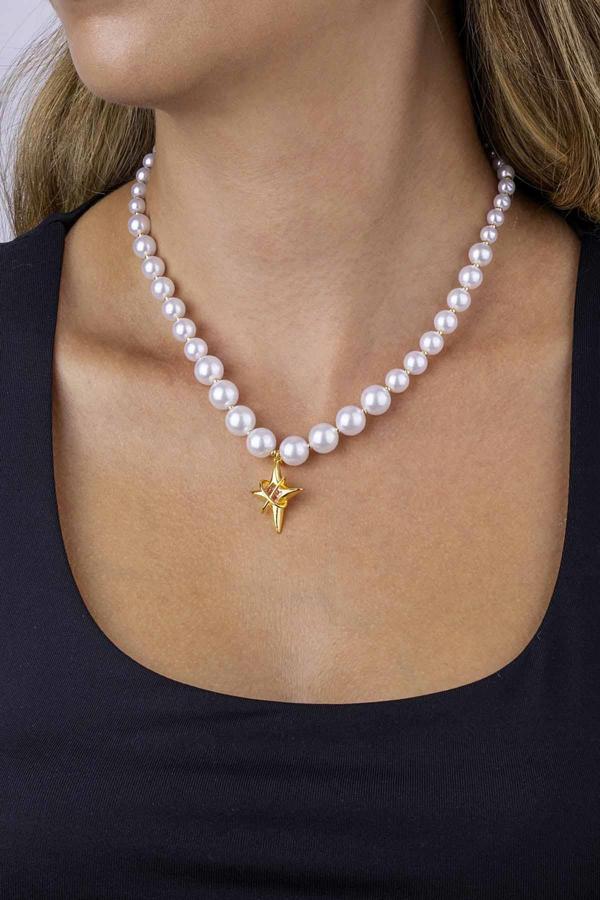 Gümüş Pazarım Yıldız Figürlü İnci Taneli Altın Kaplama Kadın Çelik Kolye - Image 1