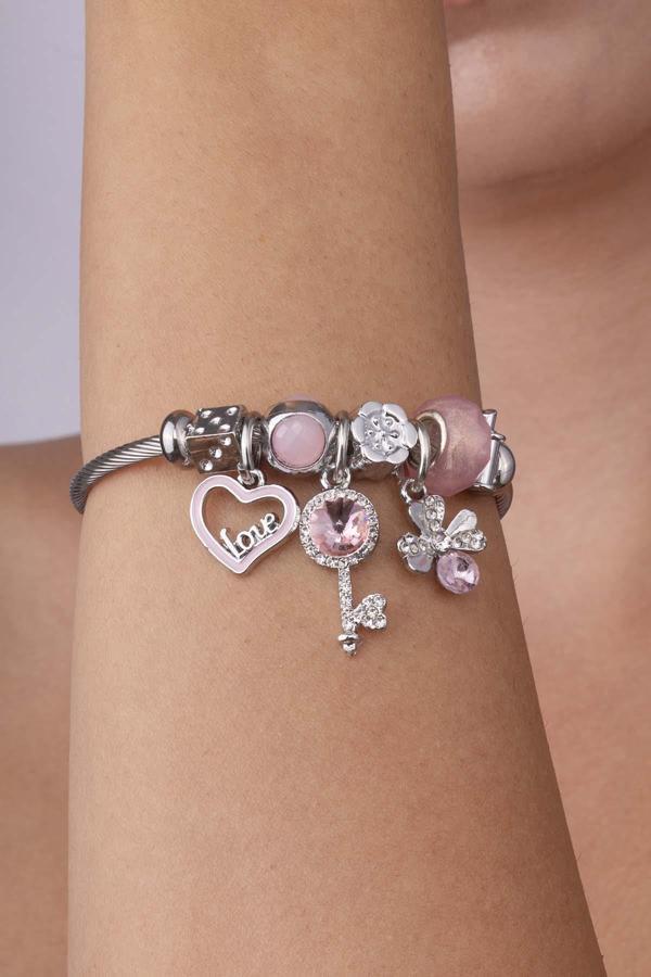 Gümüş Pazarım Kalp Yonca Anahtar Figürlü Beyaz Altın Kaplama Çelik Kadın Charm Bileklik - Image 1