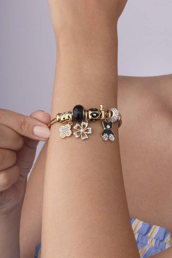 Panda Yonca Figürlü Altın Kaplama Çelik Kadın Charm Bileklik - Image 1