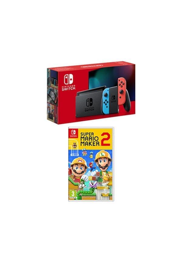 Nintendo Switch Konsol Neon Red Blue + Super Mario Maker 2 Nintendo Switch Oyun - Image 1