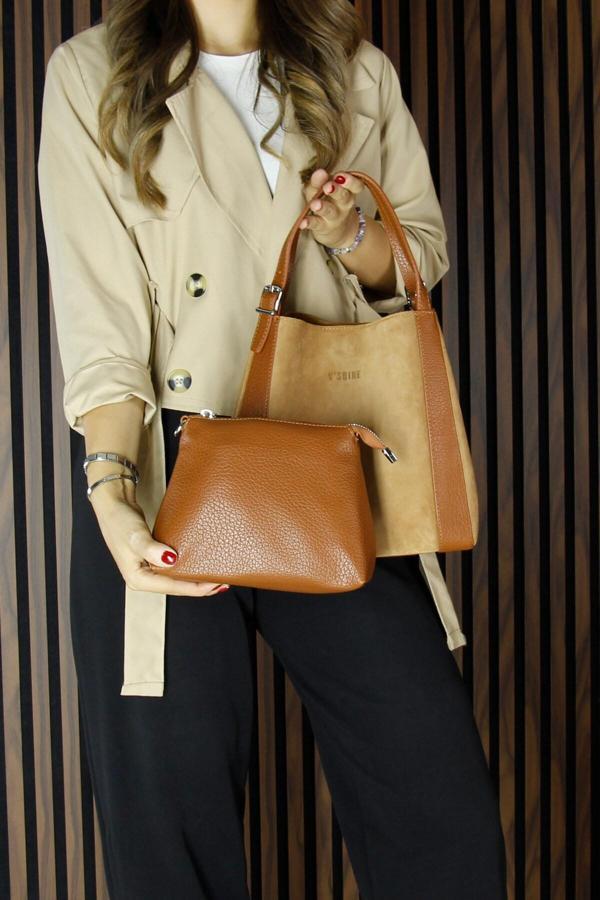 Taba Hakiki Dana Süet Manyetik Kapaklı Büyük Boy Günlük Omuz Çantası ve Askılı El Çantası - Image 1