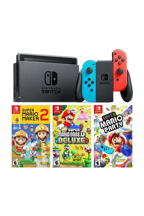 Nintendo Switch Renkli Mavi Kırmızı + Super Mario Maker 2 + Super Marıo Party + Super Marıo Bros U Deluxe - Image 1
