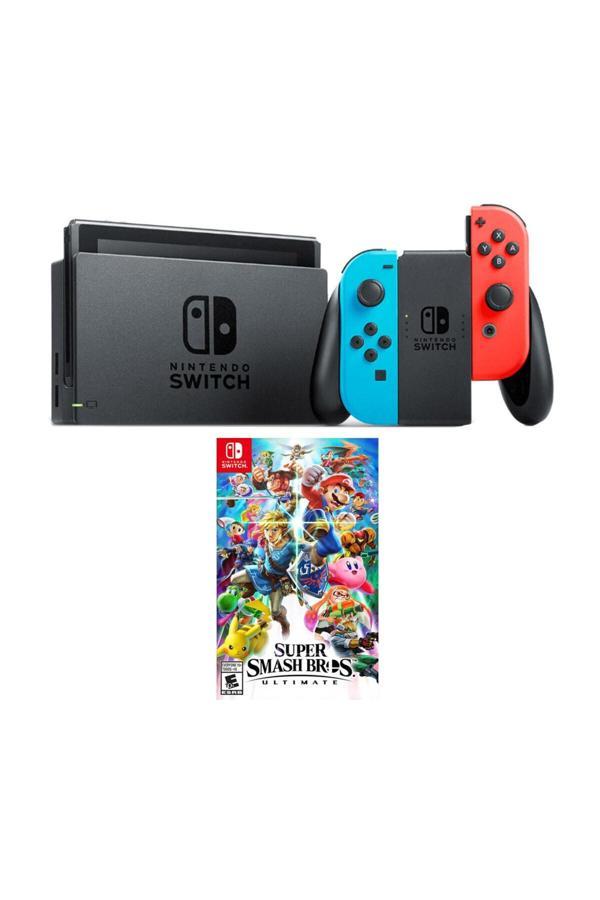 Nintendo Switch Renkli Mavi Kırmızı + Super Smash Bros Ultimate Oyun - Image 1