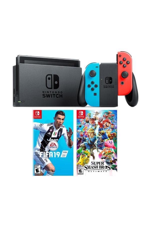 Nintendo Switch Renkli Mavi Kırmızı + Super Smash Bros Ultimate Oyun + Fifa 19 Oyunu - Image 1