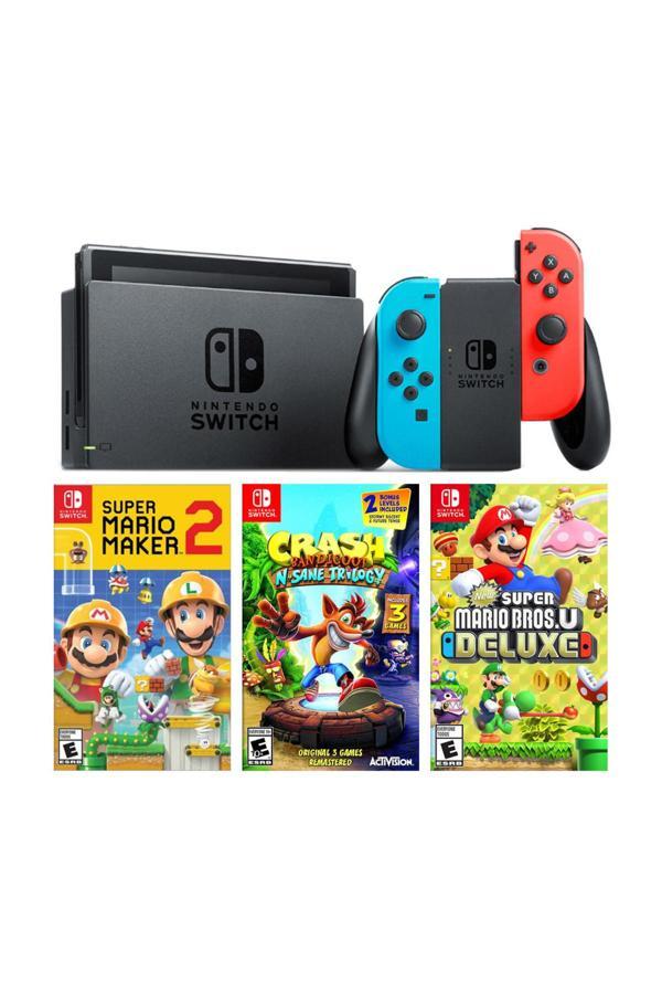 Nintendo Switch Renkli Mavi Kırmızı + Super Mario Maker 2 + Crash Bandıcoot + Super Marıo Bros U Deluxe - Image 1