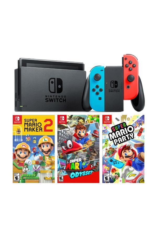 Nintendo Switch Renkli Mavi Kırmızı + Super Mario Maker 2 + Super Marıo Odyssey + Super Marıo Party - Image 1