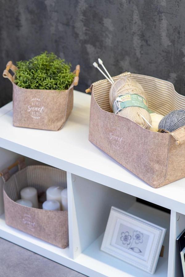 Keçe Tahta Saplı Düzenleyici Sepet -Çok Amaçlı Saklama Organizer Kutu Maxi Kahverengi 25x18x15Cm - - Image 1