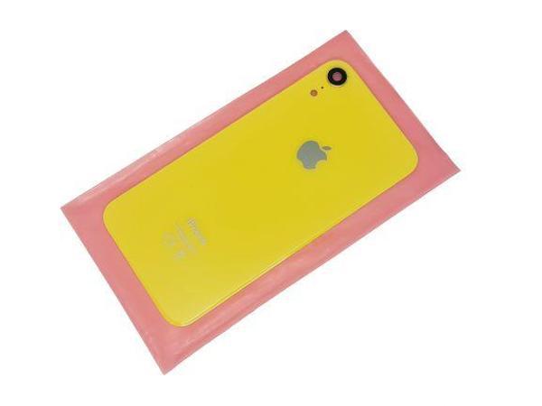 Tkgz İPhone XR Arka Pil Kapak Kamera Lensli (Yazılı Cam) SARI - Image 1