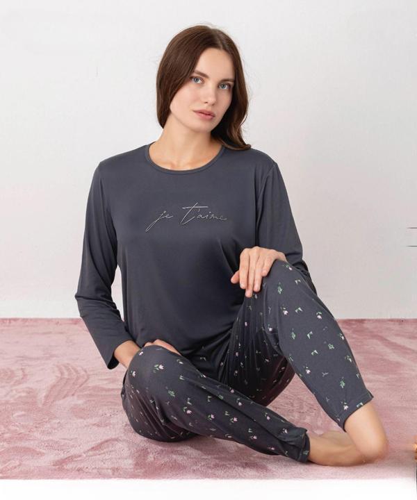 Pijamoni Kadın Milan Bisiklet Yaka Uzun Kol İnce Pijama Takımı 7600/35 - 1 Adet - Image 1