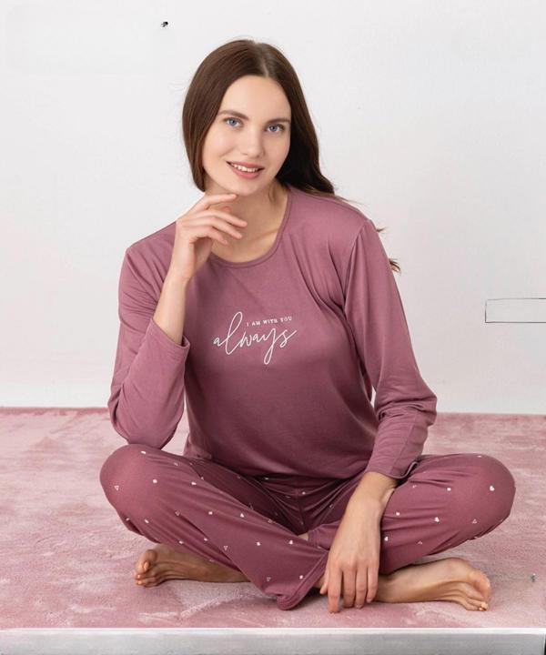 Pijamoni Kadın Milan Bisiklet Yaka Uzun Kol İnce Pijama Takımı 7600/37 - 1 Adet - Image 1