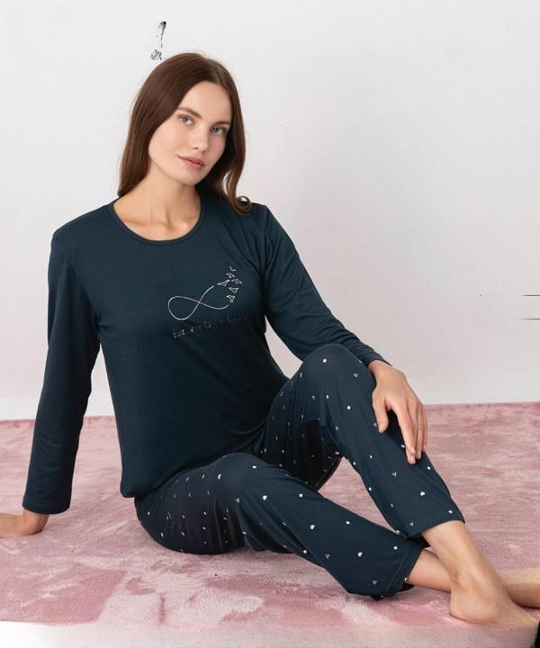 Pijamoni Kadın Milan Bisiklet Yaka Uzun Kol İnce Pijama Takımı 7600/38 - 1 Adet - Image 1