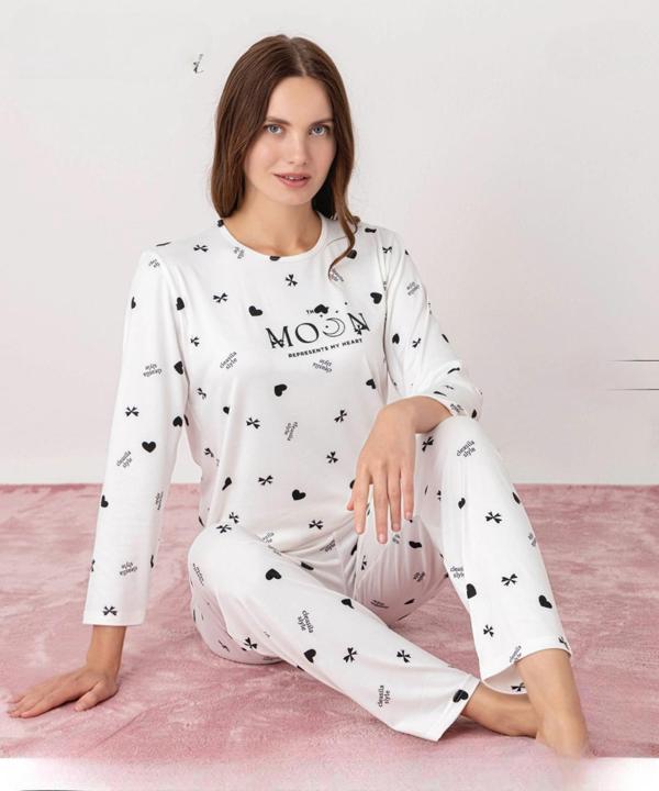 Pijamoni Kadın Milan Bisiklet Yaka Uzun Kol İnce Pijama Takımı 7600/42 - 1 Adet - Image 1