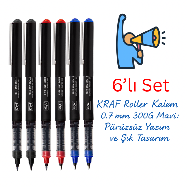 Kraf Roller Kalem 0.7 300G Mavi Kırmızı Siyah 6’lı Set - Image 1