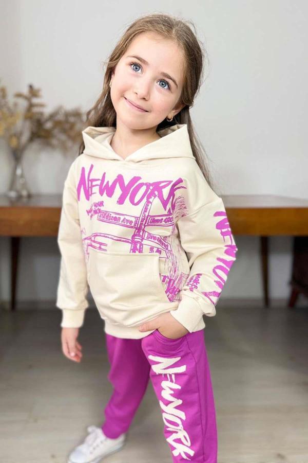 Kız Çocuk Üzeri New York Yazı Detaylı Bilekleri Manşetli Sweatshirt Mor Eşofman Takım - Image 1