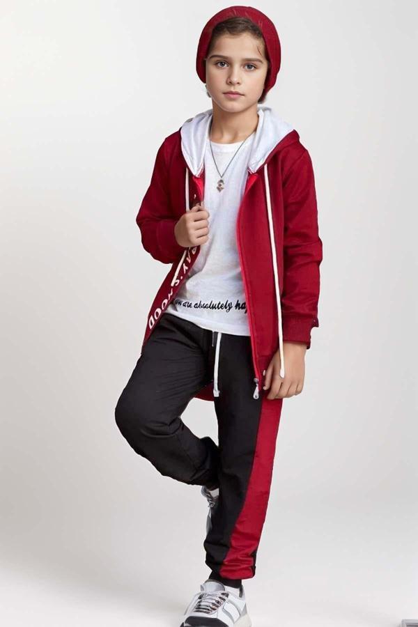 Erkek Çocuk Üzeri Todays Mod Yazı Ve Şerit Detaylı Kapüşonlu Bordo Eşofman Takım - Image 1