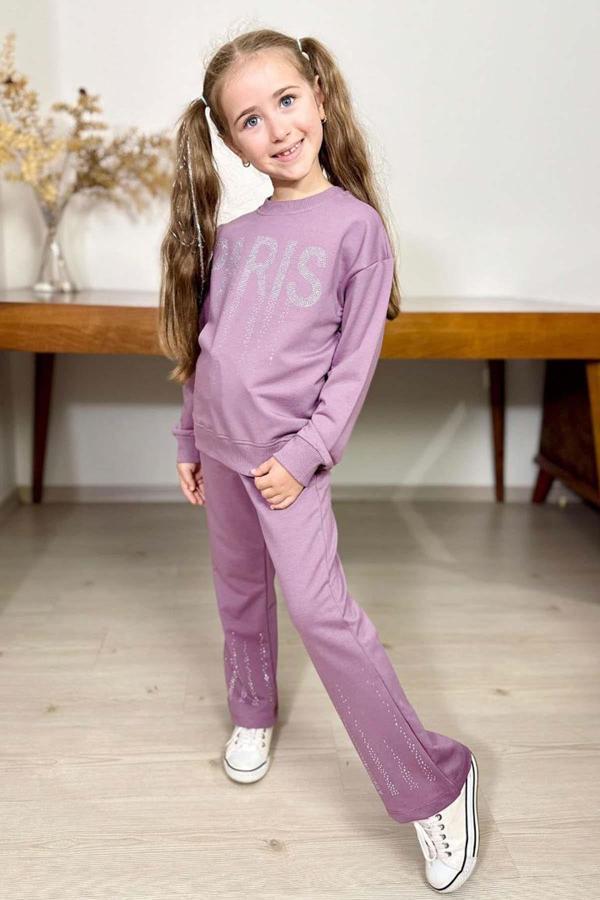 Kız Çocuk Kristal Taş Paris Yazılı İspanyol Paça Mor Eşofman Takım - Image 1