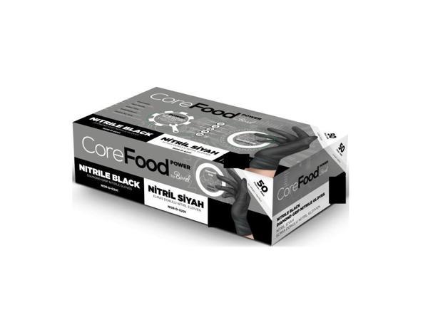 CoreFood Siyah Tırtıklı Muayene Eldiveni L 50li paket - Image 1