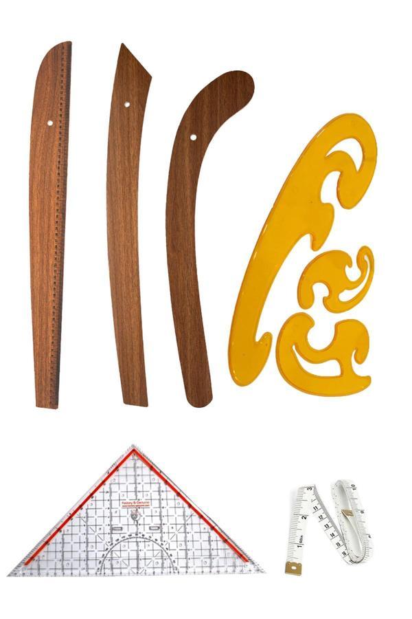 6 Parça Set – 3’lü Modelist Riga Cetvel Seti, Modelist Gönyesi, Pistole Cetvel ve 150 cm Mezura - Image 1
