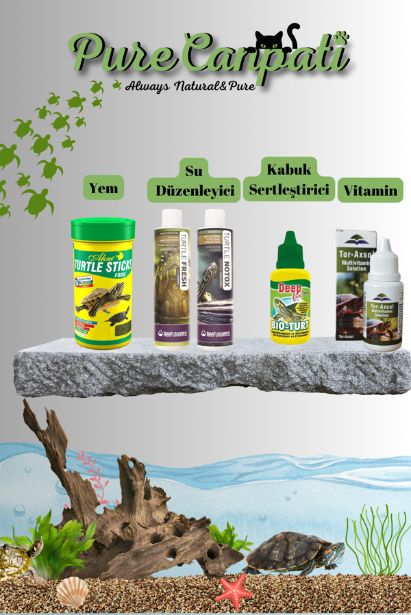 PureCanpati Kaplumbağa Tam Bakım Seti (Ahm Turtle Sticks 250 ml + Turtle NoTox + Turtle Fresh + Tor-Axsol Vitamin + DeepFix Kabuk Koruyucu) - Image 1