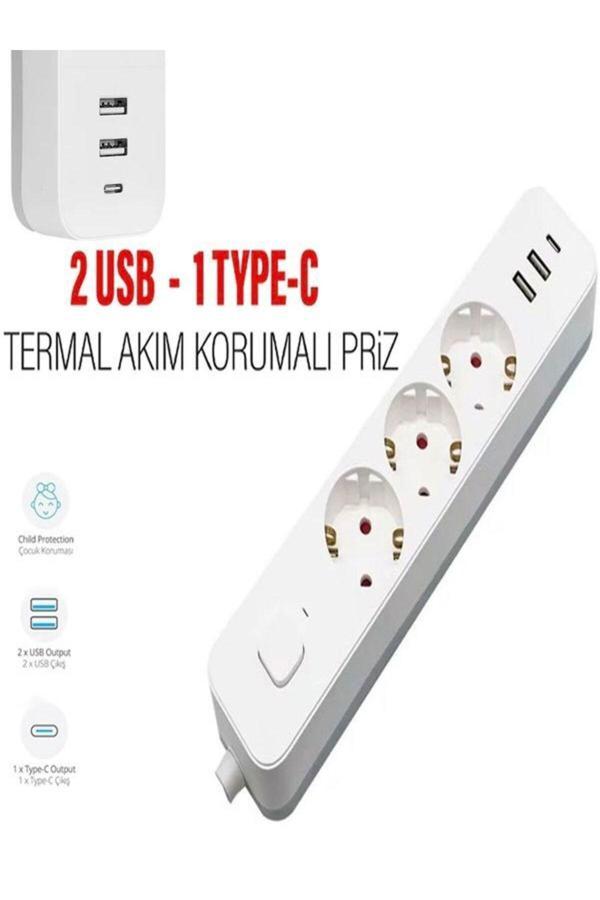 Çelikwork Ftr/16 3680W 16A Priz Uzatma Kablosu | 3 Priz, 2 Usb, 1 Type-C, 1.8M, Akım Korumalı - Image 1