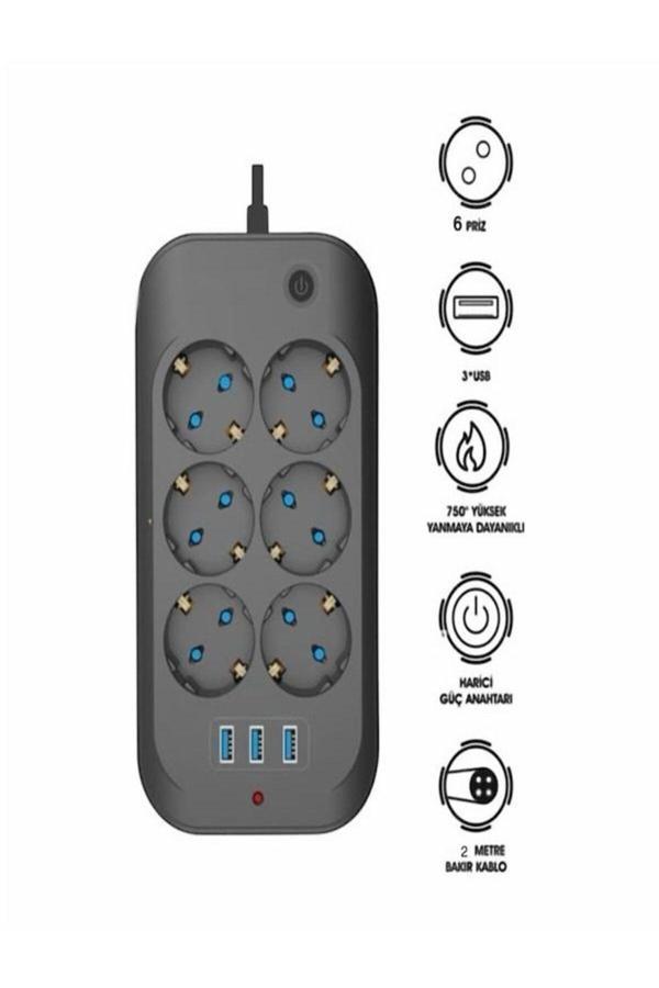 Çelikwork Ftr11 3Xusb 6Xsoket Termal Akım Korumalı Priz 2 Metre Uzatma Kablolu Anahtarlı Çoklu Priz - Image 1