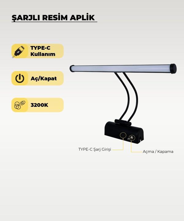 Şarjlı Siyah Flüt Aplik 3200K Sarı Işık – Elektrik Gerektirmez - Image 1