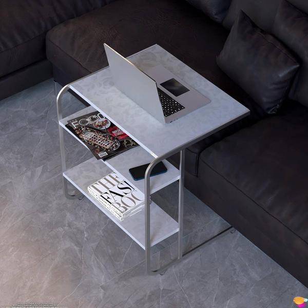 Modilayn C Yan Sehpa Geniş Boy Tekerlekli Çalışma, Atıştırmalık, Yemek, Laptop Sehpası Çiçekli Beyaz - Image 1