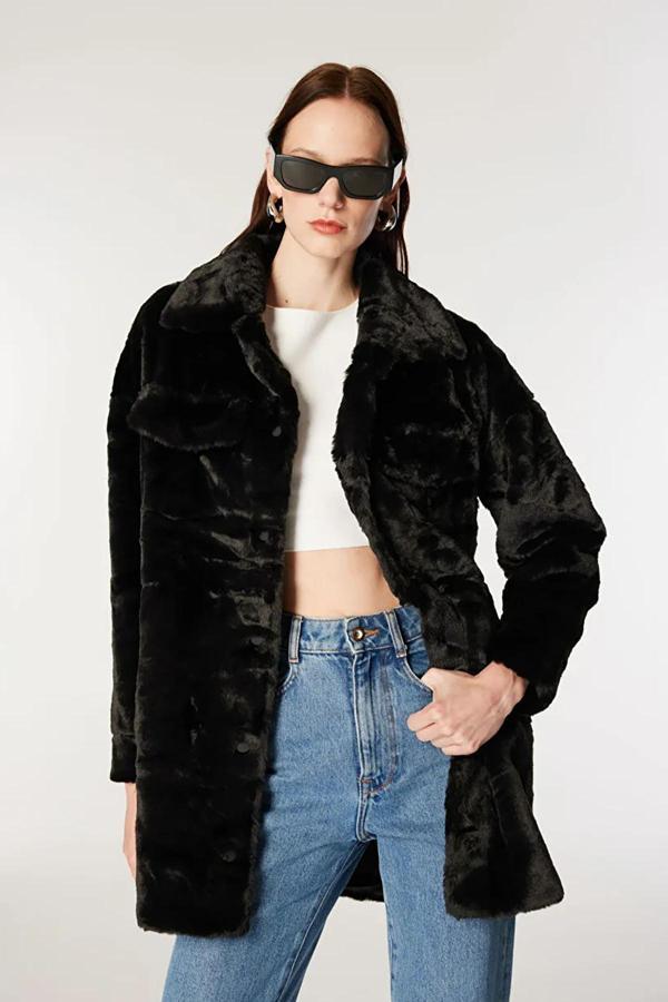 Only Kadın Onlvıda Çıt Çıt Kapamalı Peluş Kaban 15260048 Siyah - Image 1