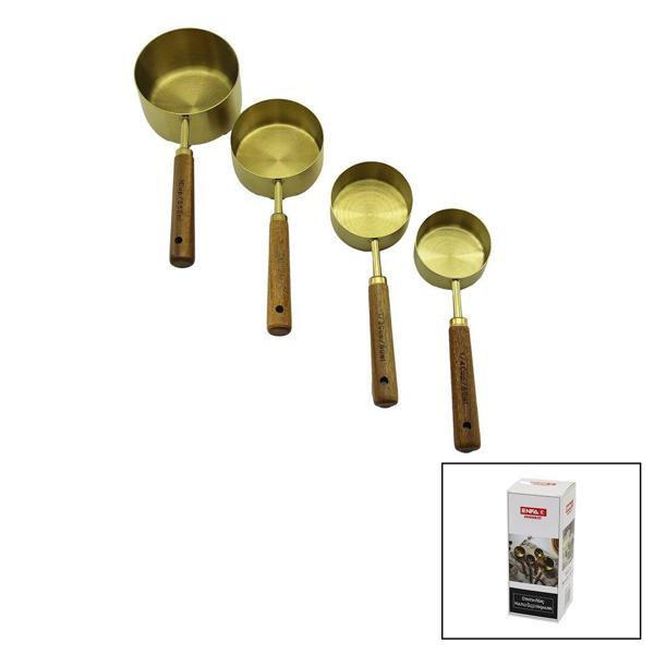 4PCS  GOLD METAL ÖLÇÜ KAŞIK SET OTANTİK AĞAÇ KULP 1CUP: 250ML - 1/2 CUP: 125ML - 1/3 CUP: 80ML - 1/4 CUP: 60ML  - Image 1