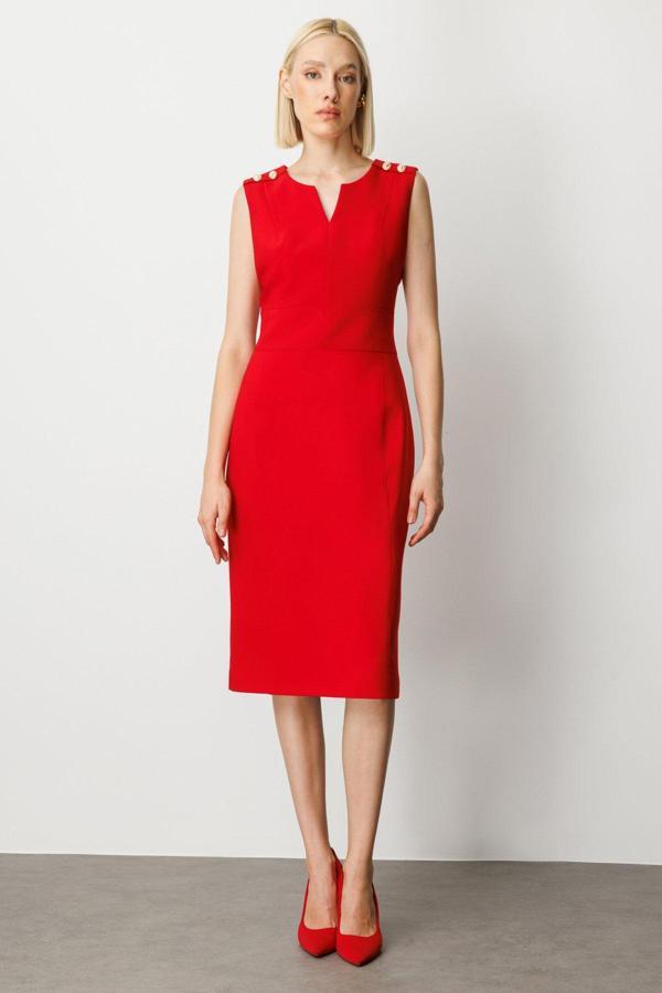 Ekol Kadın Süs Düğme Detaylı Kolsuz Elbise 4015 Kırmızı - Image 1