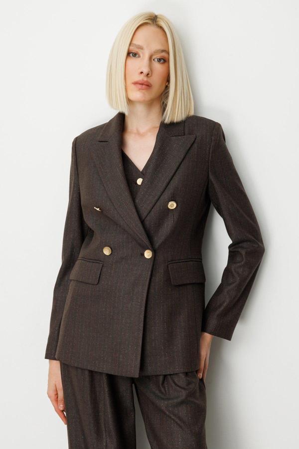 Ekol Kadın Kruvaze Yaka Çizgi Desenli Ceket 5107 Kahverengi - Image 1