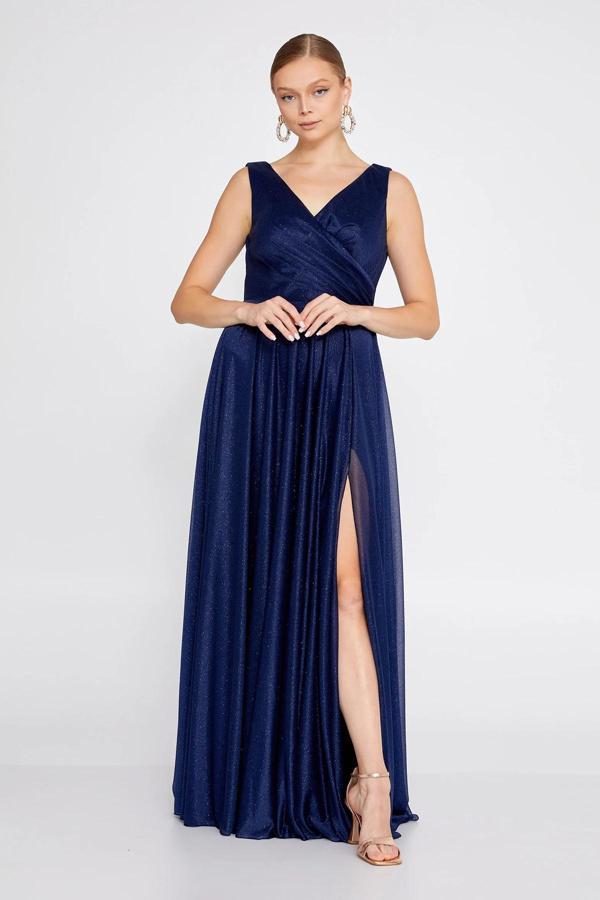 Doridorca Kadın Büyük Beden Sim Detaylı Kolsuz Maxi Abiye Elbise 6111 Lacivert - Image 1
